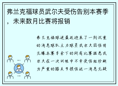 弗兰克福球员武尔夫受伤告别本赛季，未来数月比赛将报销