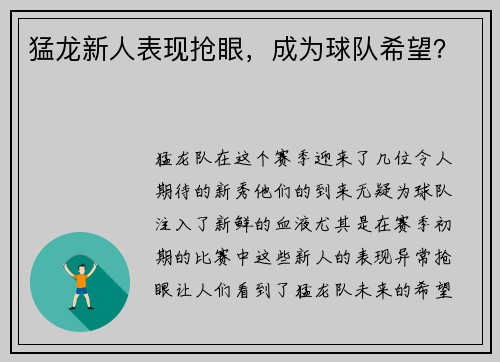 猛龙新人表现抢眼，成为球队希望？