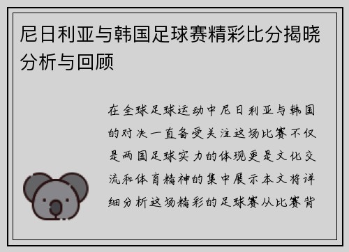 尼日利亚与韩国足球赛精彩比分揭晓分析与回顾
